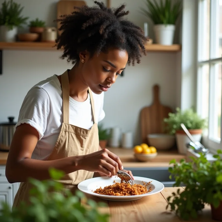 Mulher negra separando restos de comida para compostagem, representando a redução do desperdício em casa.