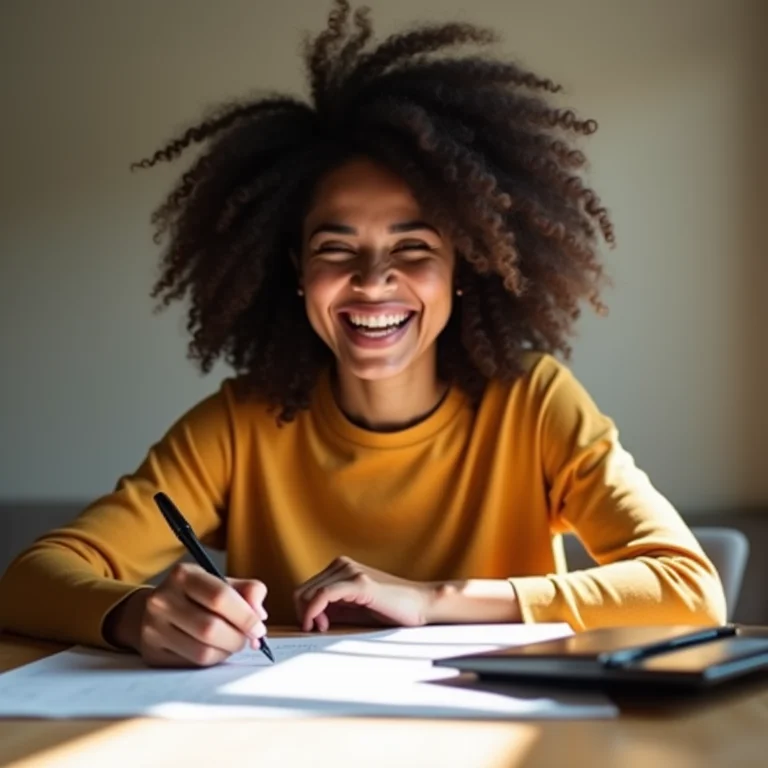 Mulher negra sorrindo ao assinar contrato de aluguel