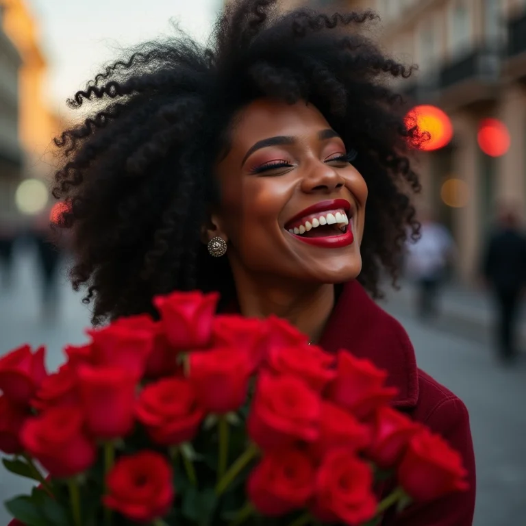 Mulher negra sorrindo apaixonadamente com flores vermelhas