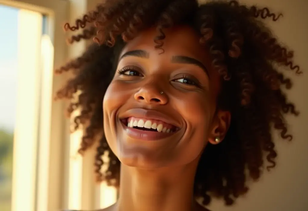 Mulher negra sorrindo com cabelo cacheado em transição.