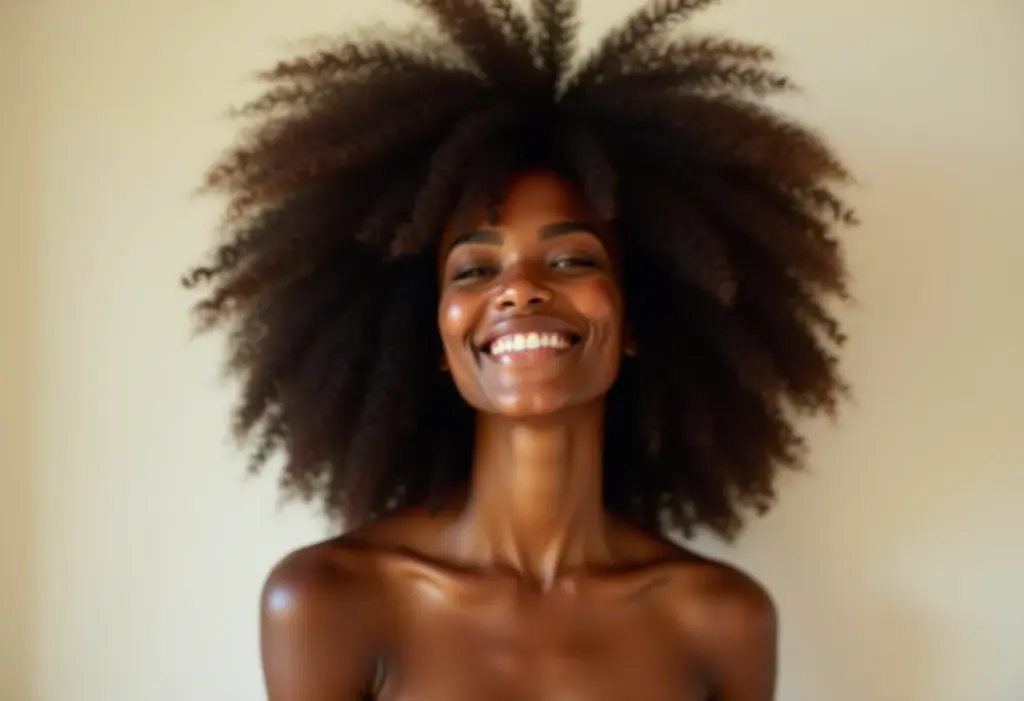 Mulher negra sorrindo com cabelo cacheado exuberante