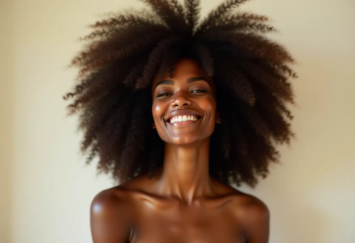 Mulher negra sorrindo com cabelo cacheado exuberante