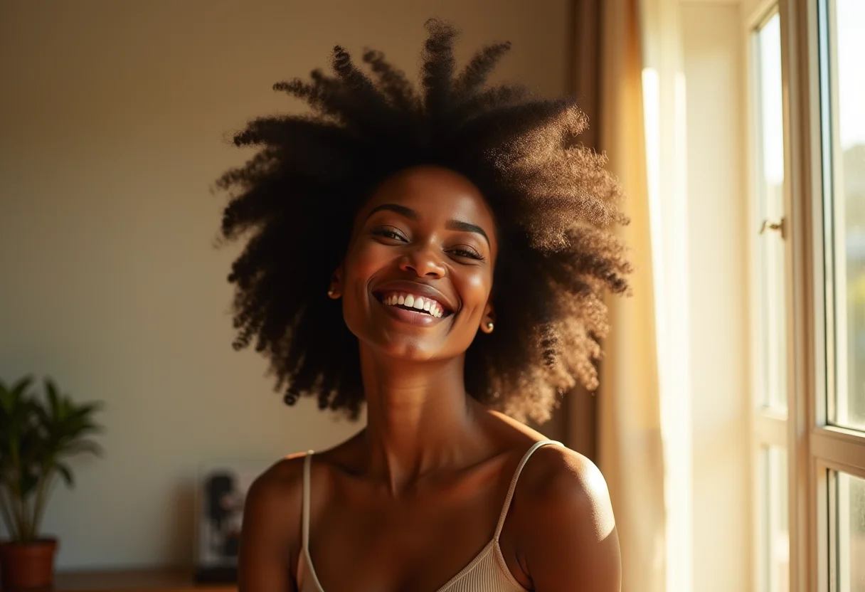 Mulher negra sorrindo com cabelo natural volumoso