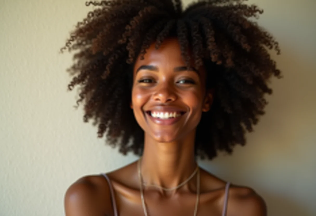 Mulher negra sorrindo com cachos definidos e saudáveis