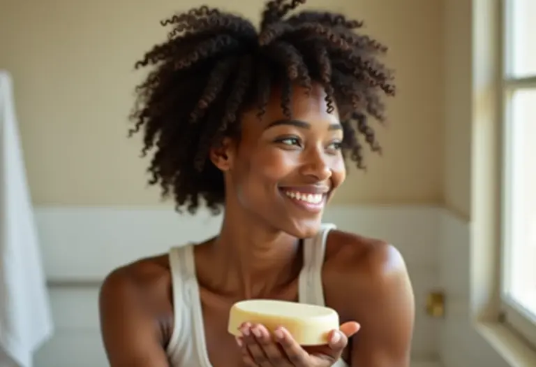 Mulher negra sorrindo com shampoo sólido natural nas mãos