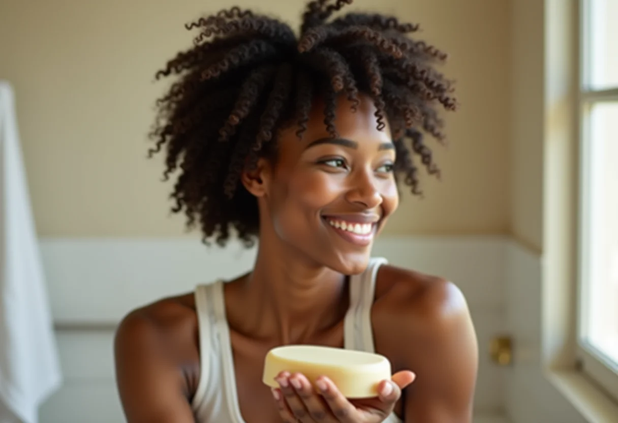 Mulher negra sorrindo com shampoo sólido natural nas mãos