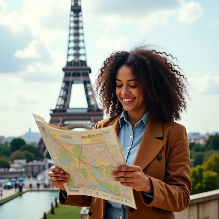 Mulher negra sorrindo e consultando mapa em frente à Torre Eiffel.