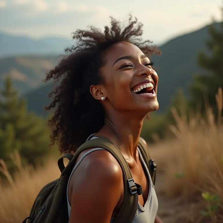 Mulher negra sorrindo enquanto caminha na natureza.