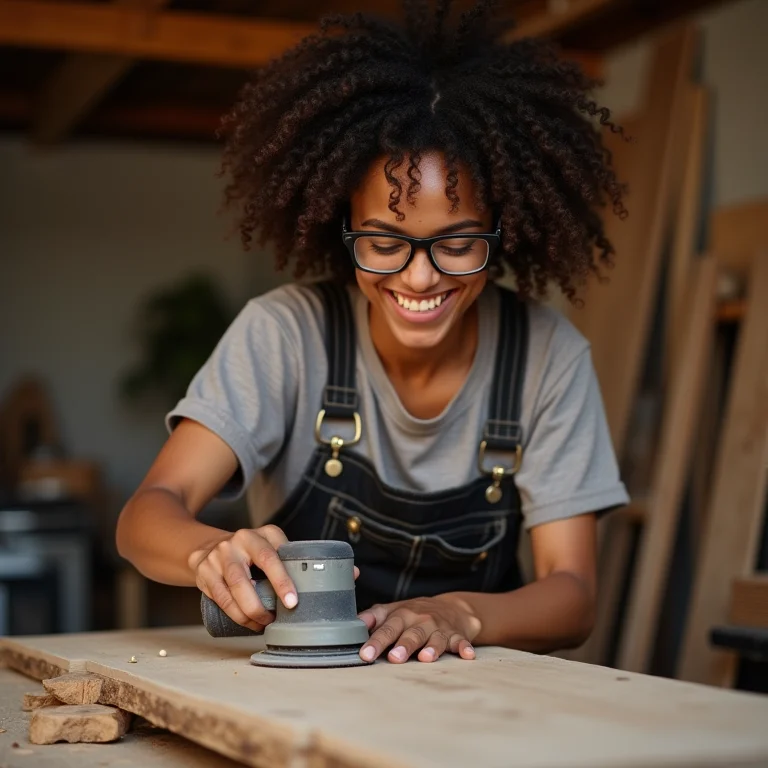 Mulher negra sorrindo enquanto lixa madeira reciclada em oficina