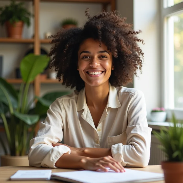 Mulher negra sorrindo vestindo camisa de linho confortável