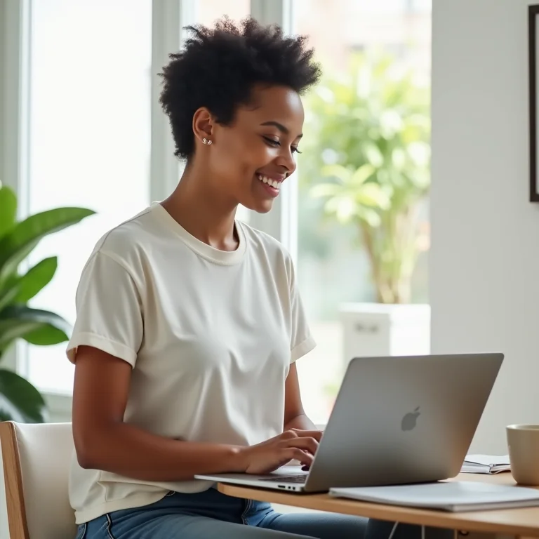 Mulher negra sorrindo vestindo camiseta e jeans em um look casual