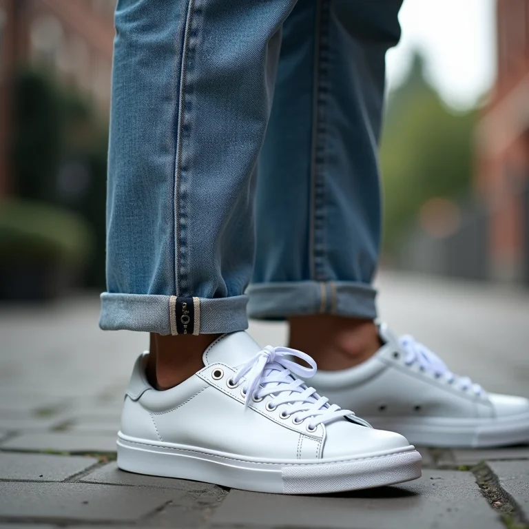 Mulher negra sorrindo, vestindo tênis branco e jeans.