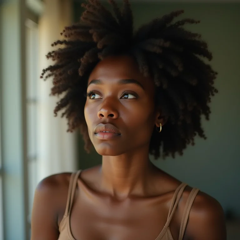 Mulher negra tentando se lembrar de informações.