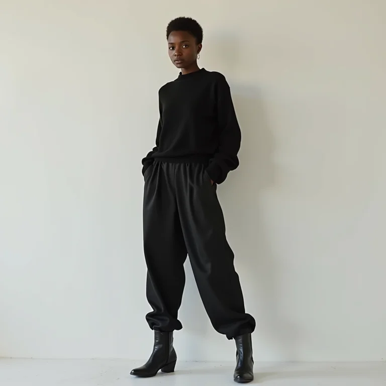 Mulher negra usando calça slouchy com blusa de tricô e bota