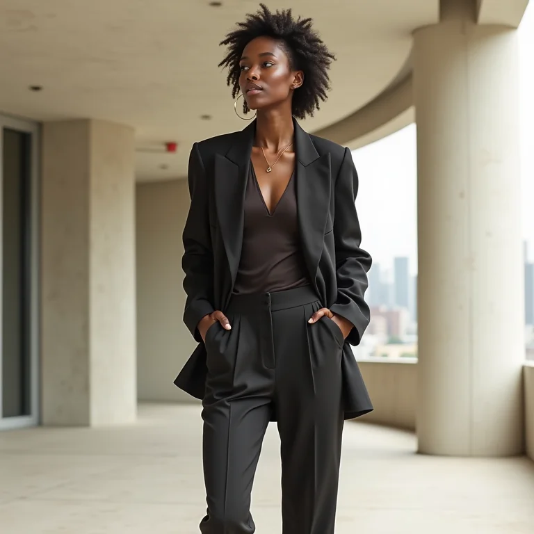 Mulher negra vestindo alfaiataria desconstruída da Neriage