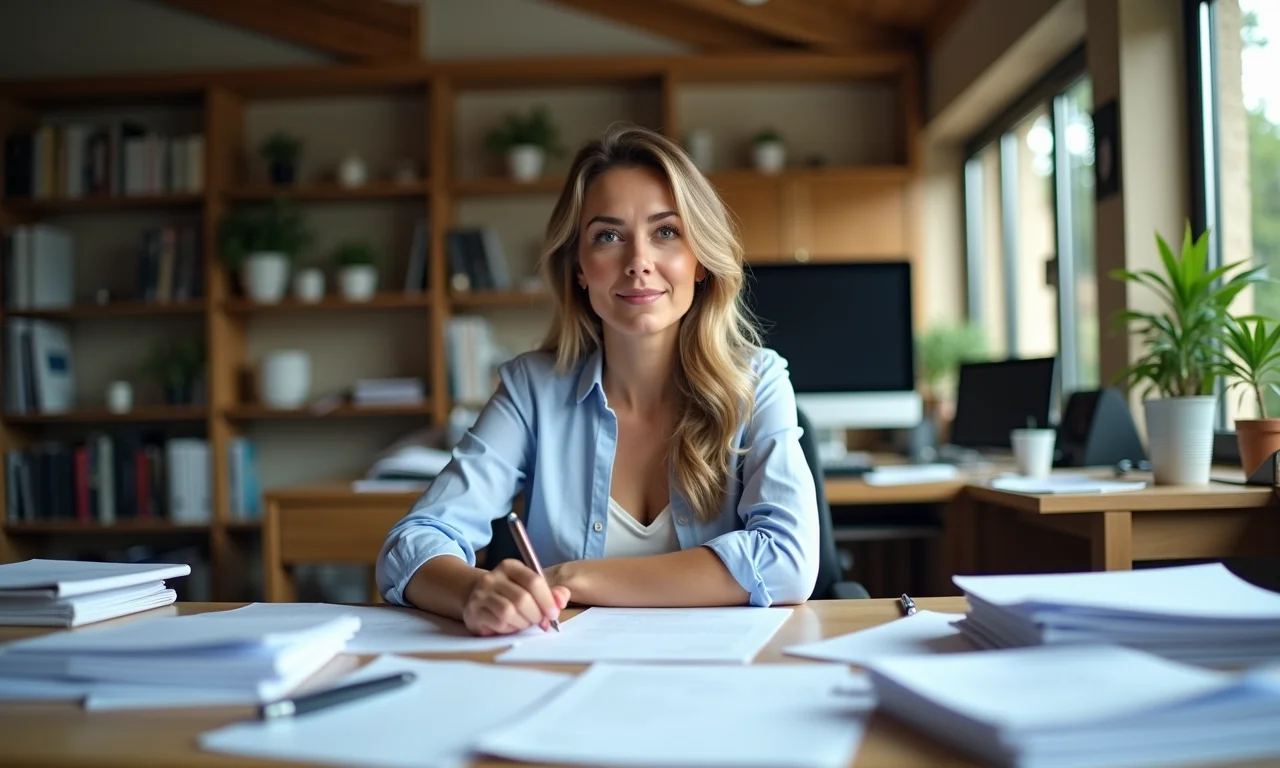 Mulher observando escritório bagunçado com serenidade e sem julgamento.