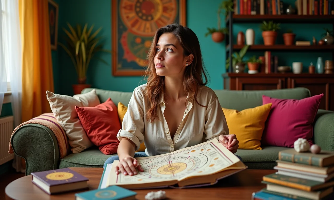 Mulher observando mapa astral durante Mercúrio Retrógrado