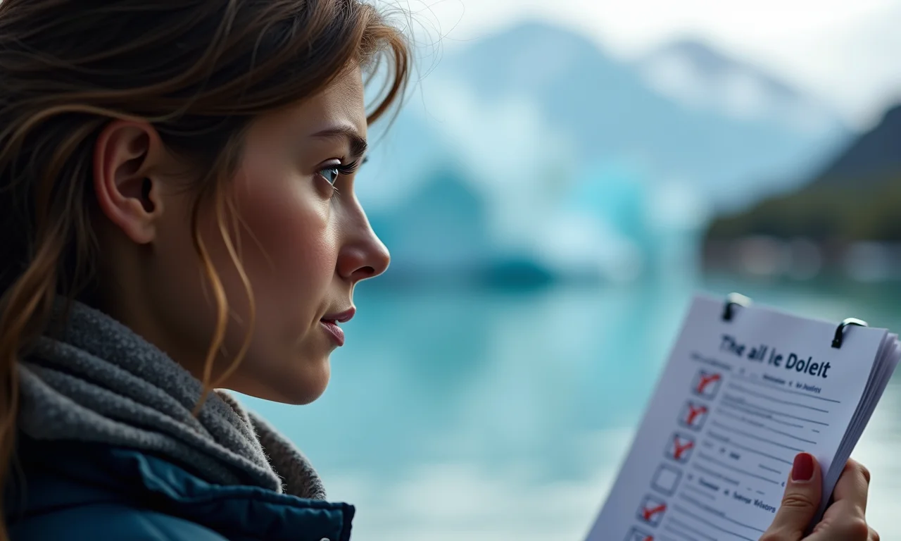 Mulher olhando para uma lista de verificação para Ushuaia.