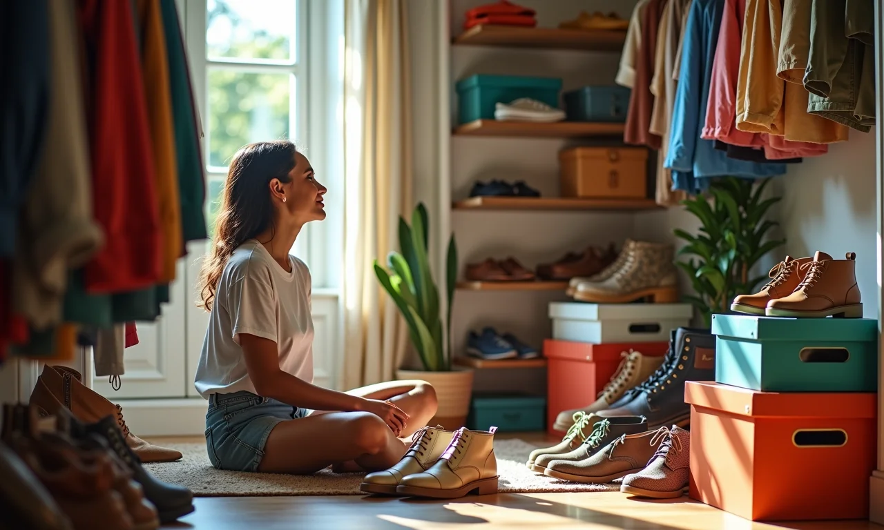 Mulher organizando coleção de sapatos em closet iluminado e colorido.