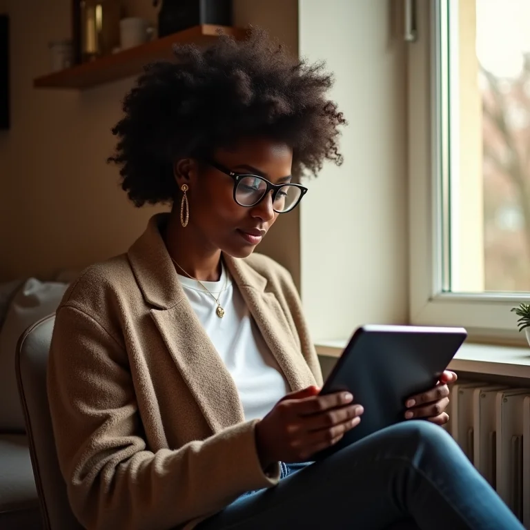 Mulher organizando fotos digitais em pastas no tablet.