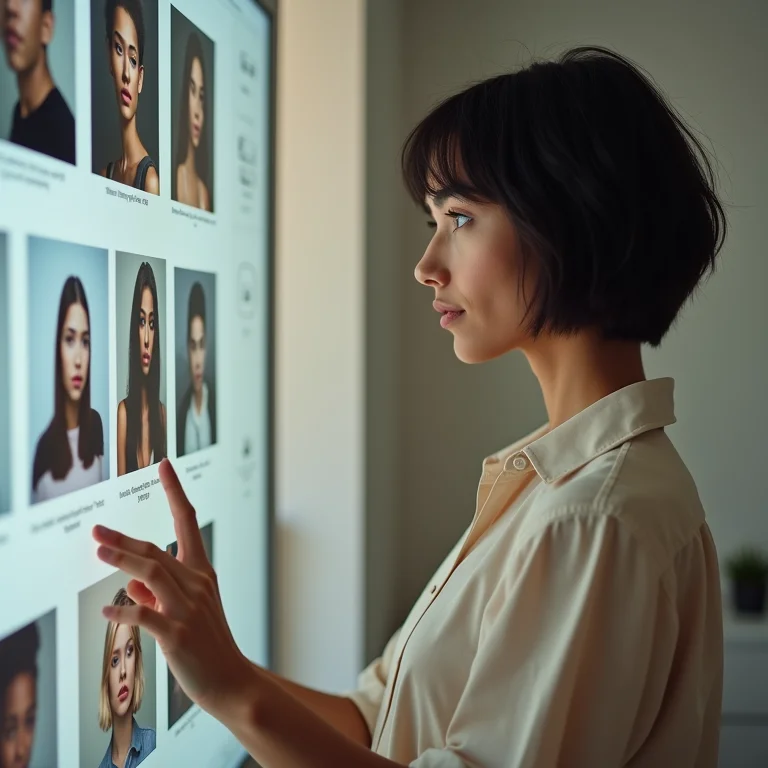 Mulher organizando fotos em interface digital.