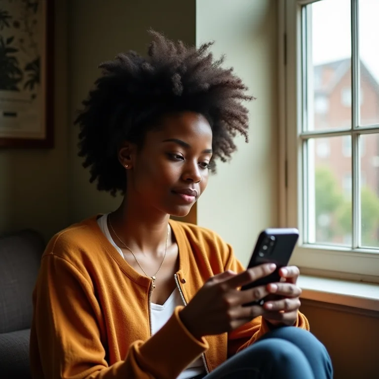 Mulher organizando fotos por data em seu celular.