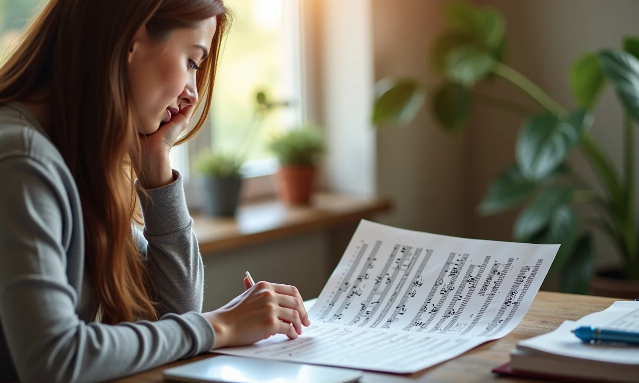 Mulher organizando notas musicais com atenção.