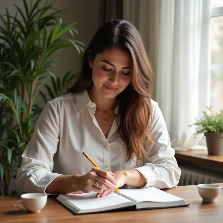 Mulher organizando sua agenda enquanto toma chá de ervas.