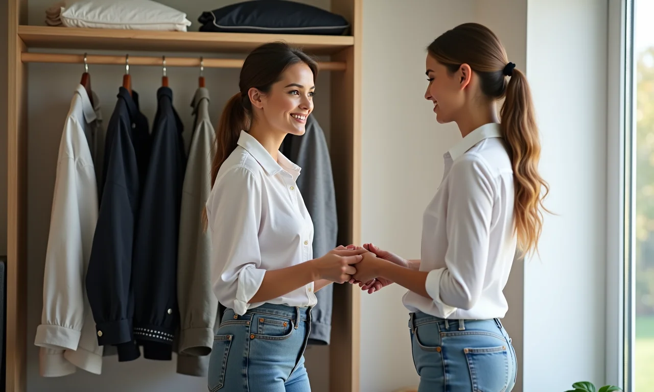 Mulher organizando um guarda-roupa cápsula com peças básicas e versáteis.