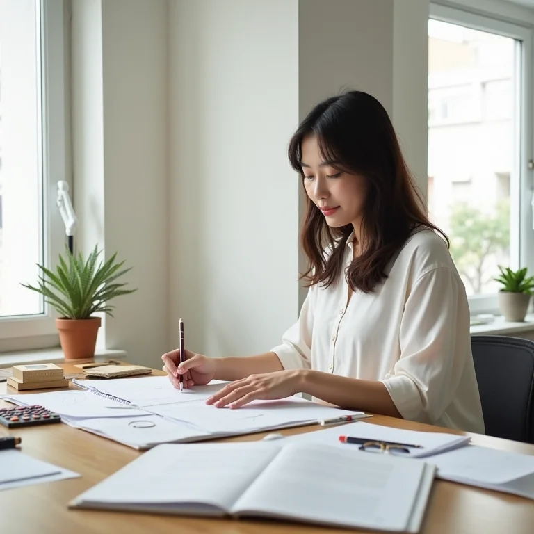 Mulher organizando uma mesa minimalista, representando organização e disciplina