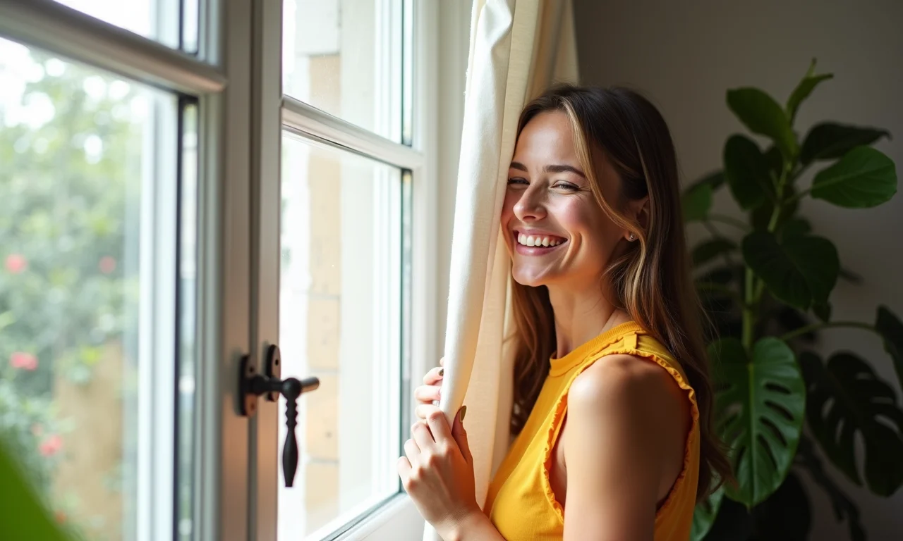 Mulher orgulhosa de sua cortina DIY em estilo Farm Rio.