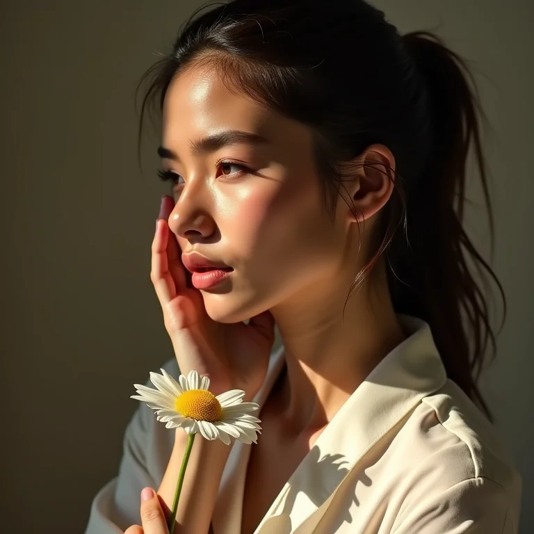 Mulher ouvindo atentamente com uma flor na mão, representando o córtex pré-frontal ventromedial