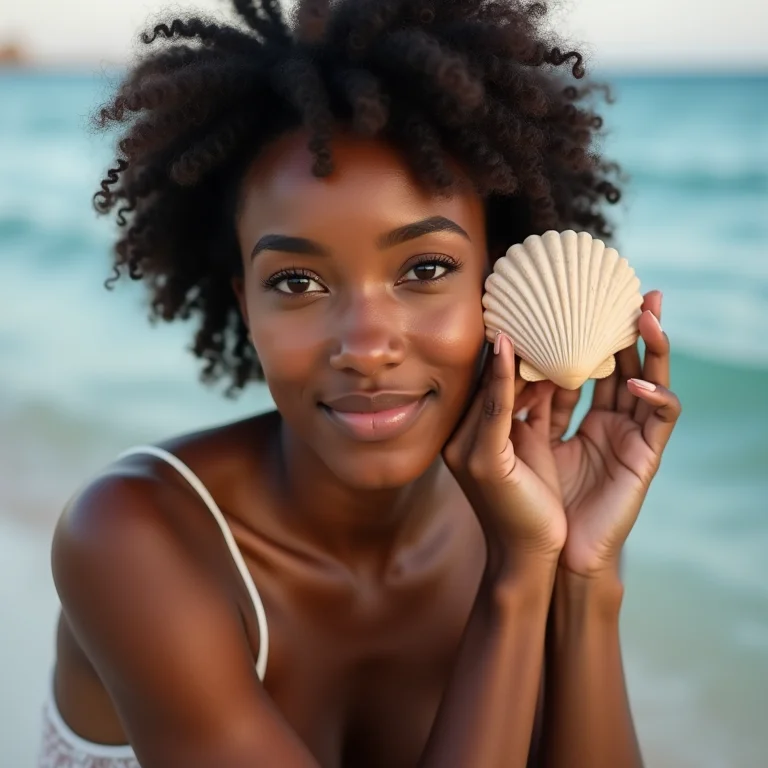 Mulher ouvindo o som do mar em uma concha, representando o signo de Câncer