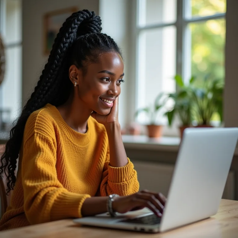 Mulher parda interagindo em fórum online no computador.