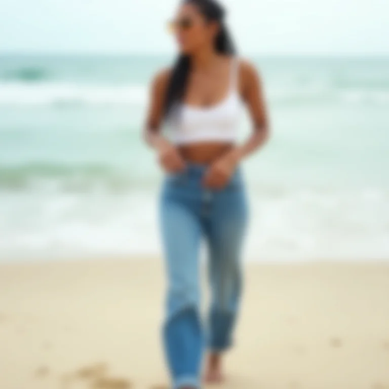 Mulher parda usando calça slouchy jeans com body e sandália