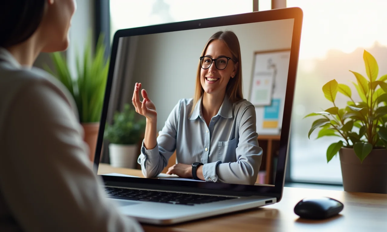 Mulher participando de sessão de coaching de carreira online.