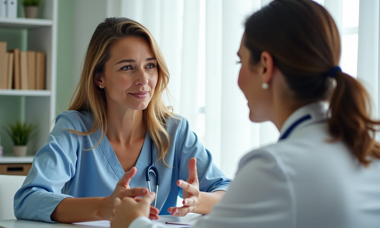 Mulher perguntando ao médico como saber se está na menopausa precoce.