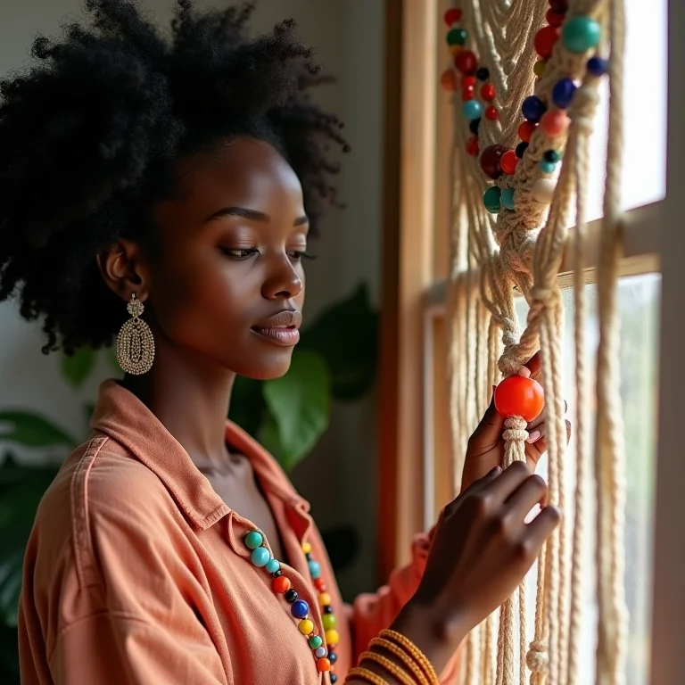 Mulher personalizando painel de macramê com cores e texturas