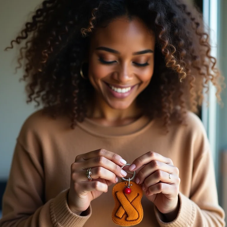 Mulher personalizando um chaveiro de feltro com um detalhe bordado