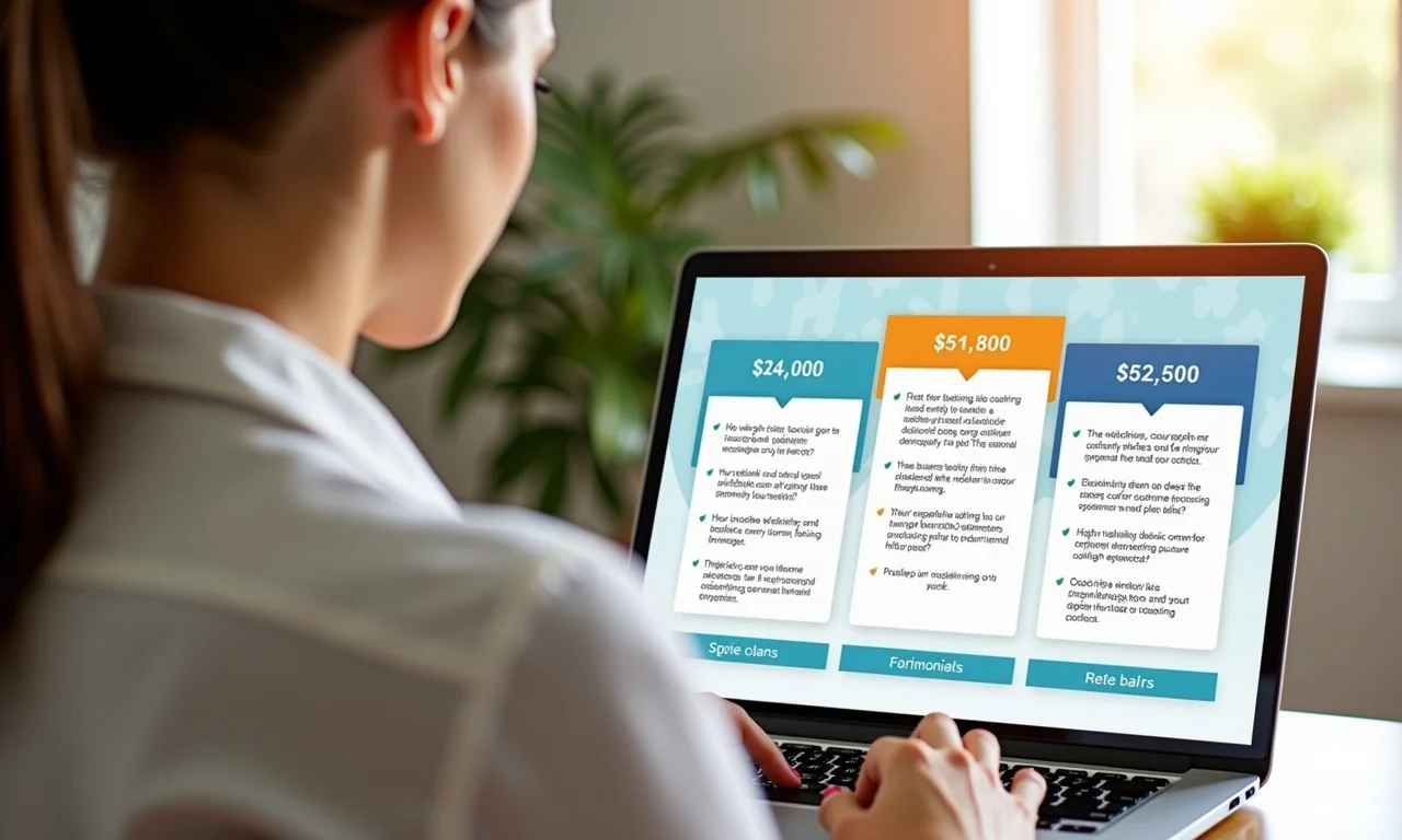 Mulher pesquisando preços de coaching de carreira online.