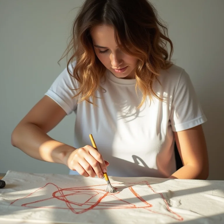 Mulher pintando camiseta com tinta à base de água.