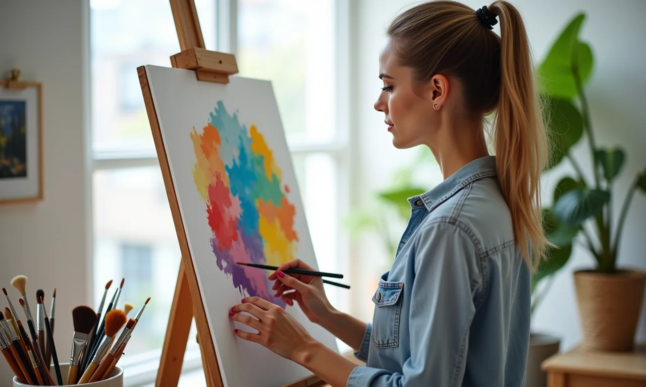 Mulher pintando em tela durante um workshop de arte infantil.