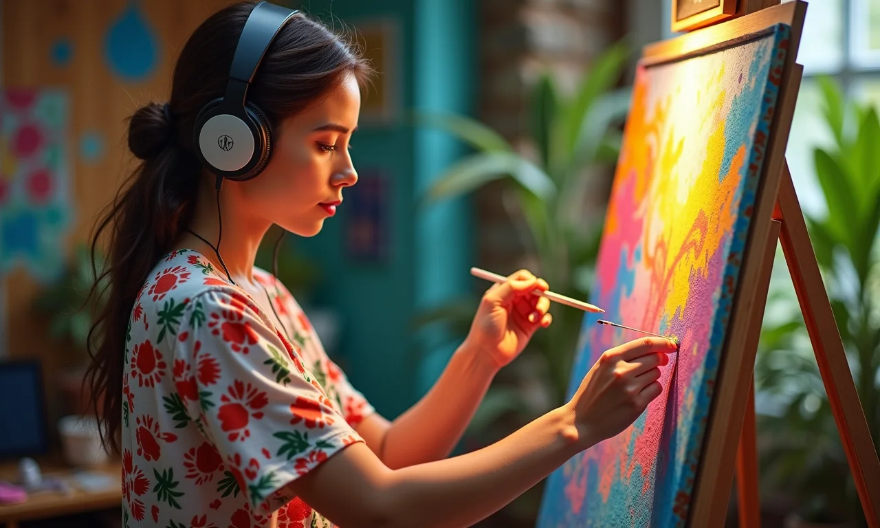 Mulher pintando expressivamente ouvindo música.