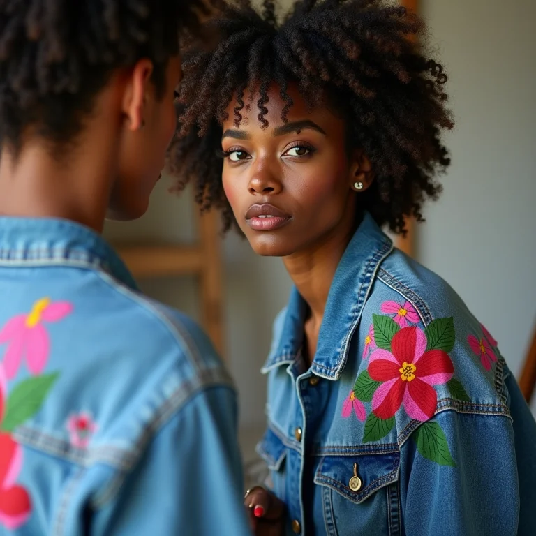 Mulher pintando jaqueta jeans com tinta acrílica.