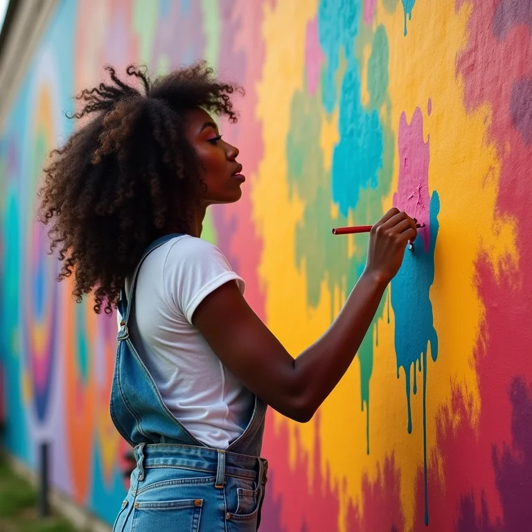 Mulher pintando mural vibrante