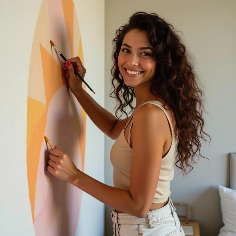 Mulher pintando padrão geométrico em parede de quarto