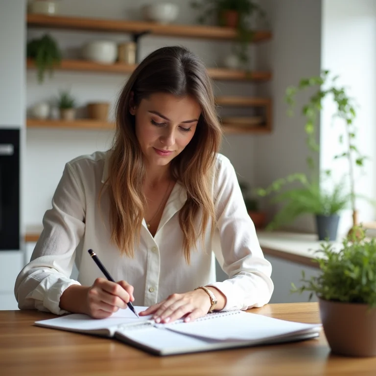 Mulher planejando cardápio semanal para marmita.