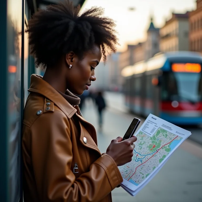 Mulher planejando rotas de transporte público em um smartphone