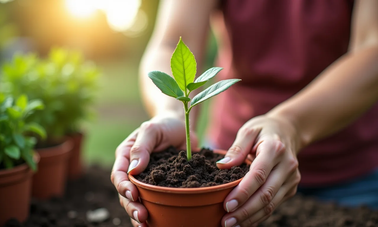 Mulher plantando muda em vaso com cuidado e carinho.