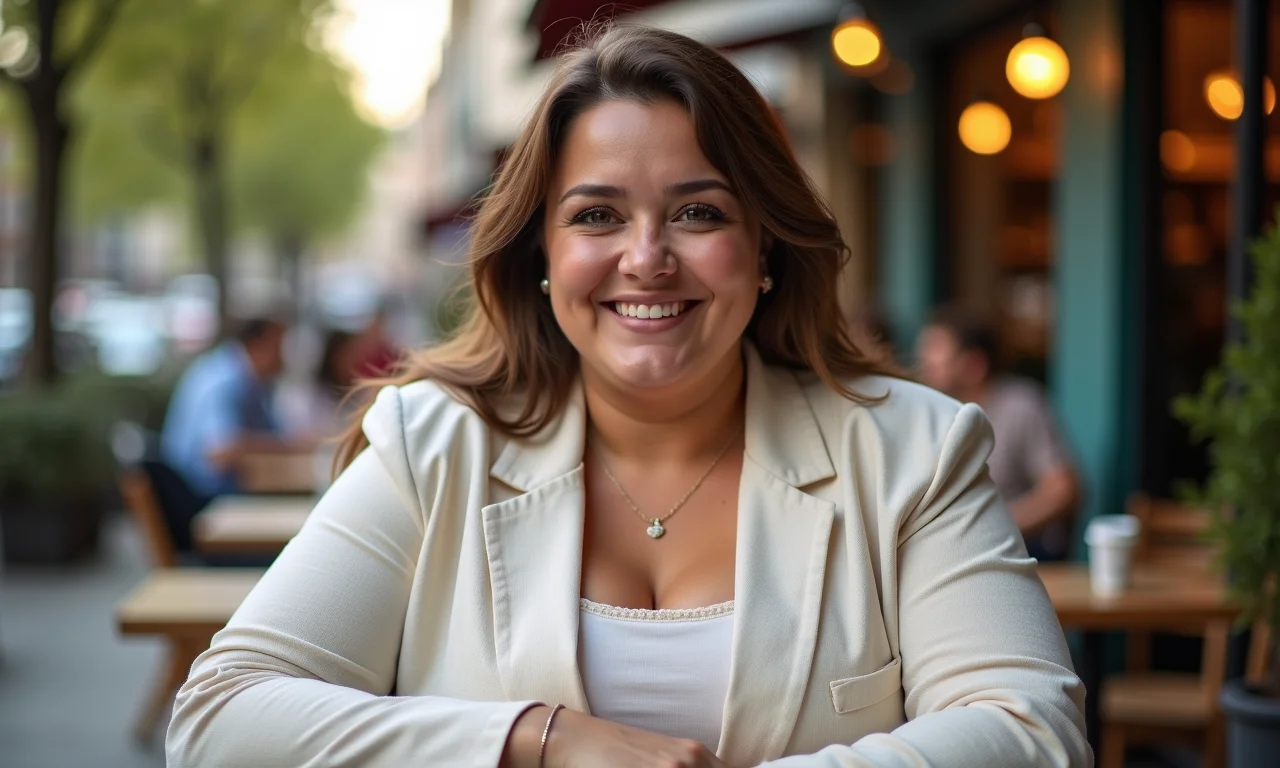 Mulher plus size com blazer de linho em café ao ar livre.